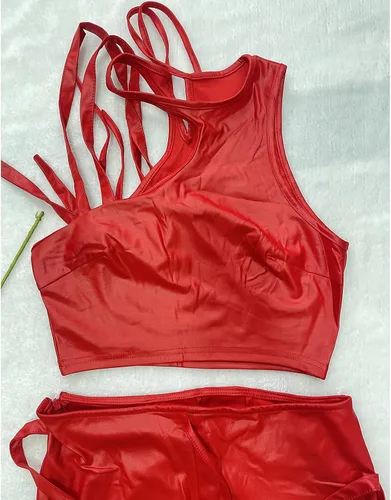 Vista 3 de MESLIMA Conjunto de 2 piezas elástico irregular, camiseta sin mangas con cordones y abertura para mujer, ropa de club