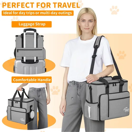Vista 5 de TORIBIO Bolsa de viaje grande para perros para suministros con cuenco de Gris