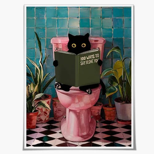 Vista 13 de Divertido arte de pared de gato negro para baño, periódico de lectura de gatos sobre inodoro, póster de mascota humorística rosa para decoración
