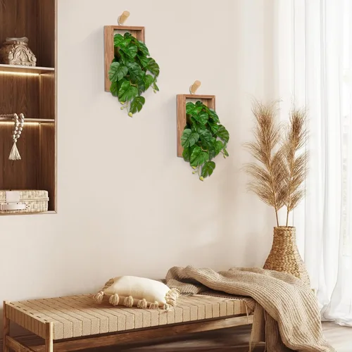 Vista 4 de Plantas colgantes artificiales con marco de madera, paquete de 2 hojas de Monstera