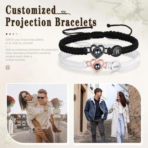 Vista 7 de Pulsera con inicial personalizada con imagen en el interior, cuerda de proyección de fotos personalizada para hombres y mujeres, regalo