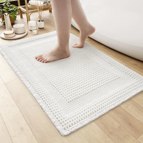 Vista 14 de AMOAMI Tapete de baño absorbente, diseño de punto gofre, antideslizante, lavable a máquina, con borlas, ultrasuave, bohemio, para piso, 2 x 4 pies