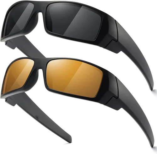 Vista 8 de Gafas de sol polarizadas para hombre y mujer, estilo retro, deportivo, rectangular, envolvente, vintage, protector de disparo Negro - Negro