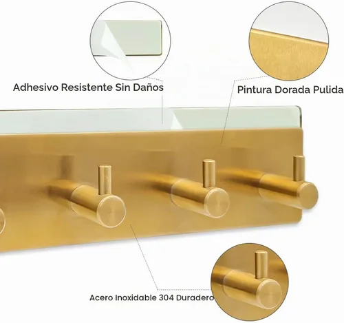 Vista 4 de Gancho autoadhesivo para llaves con 4 ganchos para entrada de llaves, color dorado