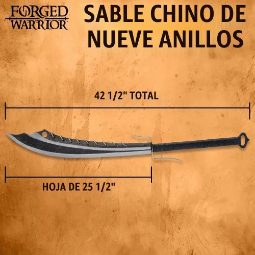 Vista 2 de Espada ancha y vaina forjada de guerrero chino de nueve anillos