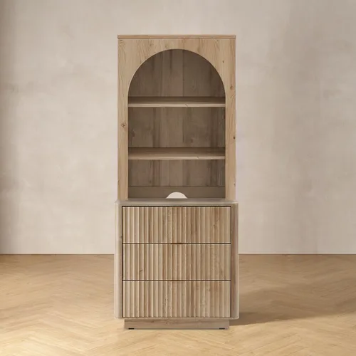 Vista 10 de mopio Brooklyn – Cómoda de 3 cajones para dormitorio, cómoda organizadora de madera, estilo granja moderna, mesita de noche alta, seguridad Nogal