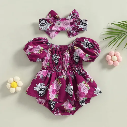 Vista 2 de Mameluco de verano para bebé, vestido de verano, camisola de lino y algodón, con diadema, sin mangas, estampado, conjunto de 2 piezas