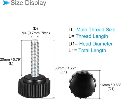 Vista 2 de Perillas de sujeción moleteadas, rosca macho M4 x 0.787 in, cabeza de 0.630 in, pomos de plástico termoestable para tornillo de pulgar negro