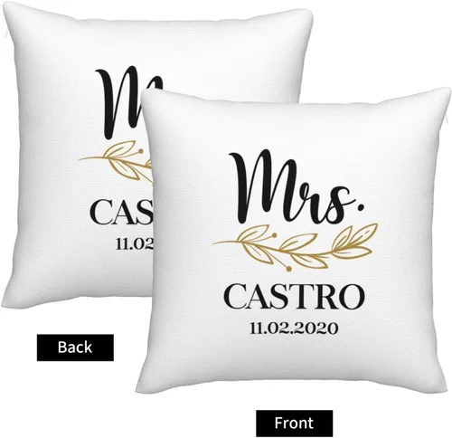 Vista 3 de Elegante juego de 2 fundas de almohada de lino blanco de Mr & Mrs personalizadas, regalos de boda, despedida de soltera, día de San Valentín