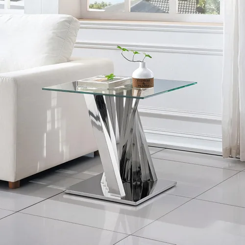Vista 13 de Mesa auxiliar de cristal dorado de lujo, moderna mesa de centro cuadrada para sofá con base de acero inoxidable con espejo brillante, mesa de noche
