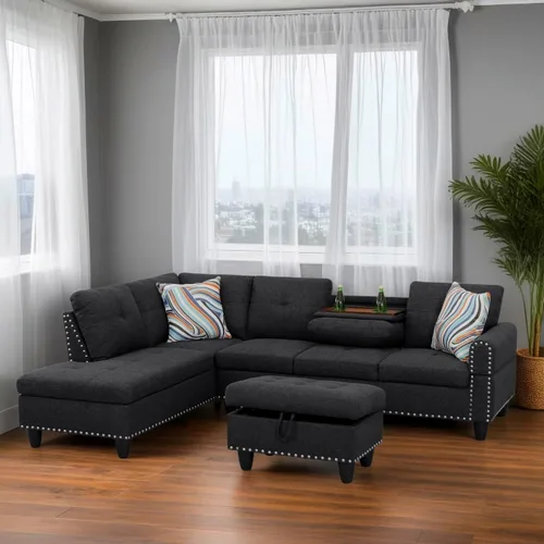 Vista 3 de Sofás en forma de L para sala de estar, muebles de sofá seccional para sala de estar con otomana de almacenamiento, sofá seccional modular con Gris