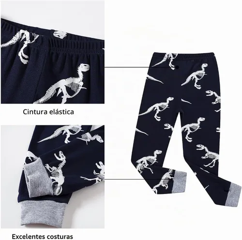 Vista 5 de KikizYe - Conjunto de pijamas para niños y niñas pequeños y grandes, ropa de dormir de 100% algodón 33/4 piezas/dinosaurio