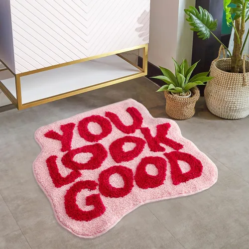 Vista 14 de Alfombra de baño negra con texto en inglés "You Look Good", alfombra de baño divertida, bonita, antideslizante, de microfibra, de felpa, pequeña