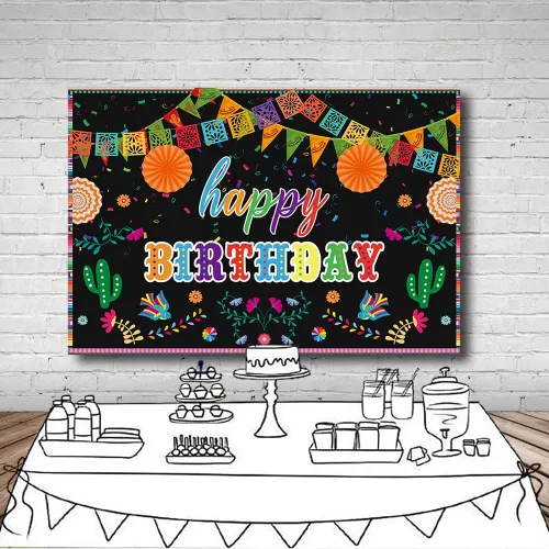 Vista 4 de MEHOFOND Telón de fondo de fiesta mexicana para fiesta de cumpleaños, suministros de decoración de fiesta, pancarta colorida para fotografía