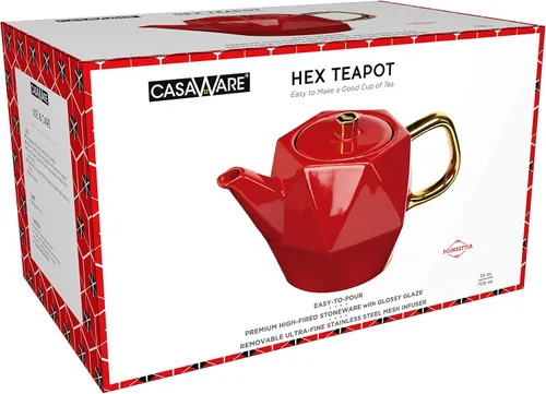 Vista 3 de casaWare Tetera hexagonal de gres de alta calidad de 24 onzas con esmalte brillante, infusor extraíble de acero inoxidable de malla ultrafina