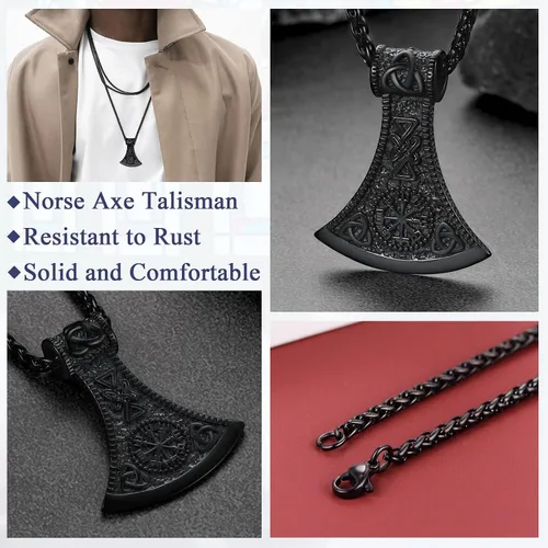 Vista 4 de FaithHeart Collar con colgante de hacha vikinga para hombres y mujeres, joyería vikinga nórdica de acero inoxidable con delicado embalaje de regalo