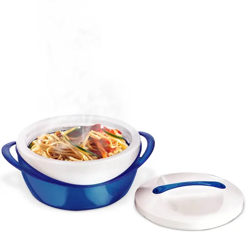 Vista 3 de Pinnacle Cacerola Grande Aislada con Tapa de 2.6 cuartos. Elegante Olla Caliente Calentador/Enfriador de Alimentos – Tazón Térmico para Servir Azul