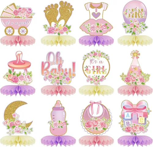 Vista 8 de Tarklanda 12 centros de mesa de nido de abeja para baby shower, decoración de fiesta para niños, diseño floral azul dorado con texto en inglés "It's