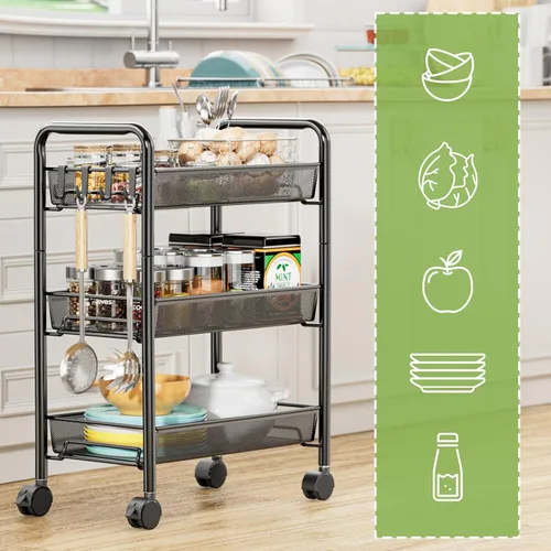 Vista 2 de JANE EYRE Carrito de Almacenamiento Utilitario Rodante de 3 Niveles con Ruedas, Carro Carrito de Manualidades, Estante Organizador Multiusos, Negro