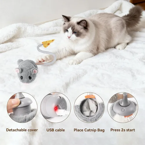 Vista 6 de Migipaws MigiMouse - Juguete interactivo para gatos con rodamiento y giro de 360° con cola de plástico de malla para gatos de interior, sensor