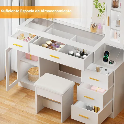 Vista 4 de BEWISHOME Tocador Grande de 49.2" con Espejo y Luces, Mesa de Maquillaje Blanca con Superficie de Vidrio, Taburete, Escritorio de Maquillaje