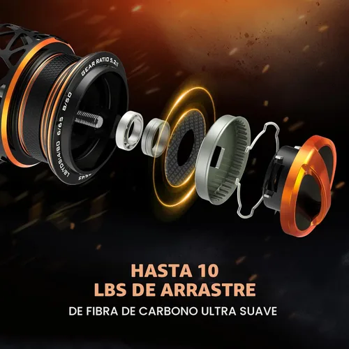 Vista 9 de KastKing Zephyr - Carretes giratorios - 7+1/6+1 BB - Arrastre de fibra de carbono - Eje de acero inoxidable - Bobina de aluminio y CNC