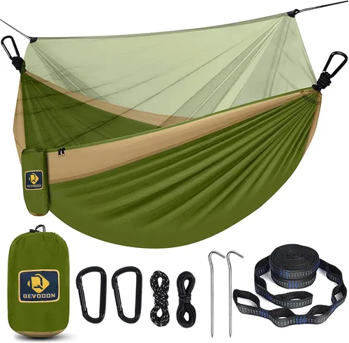 Vista 9 de Qevooon Hamaca de camping con red, hamacas ligeras portátiles de viaje con correas para árboles y mosquetones sólidos en forma de D, hamaca de Negro