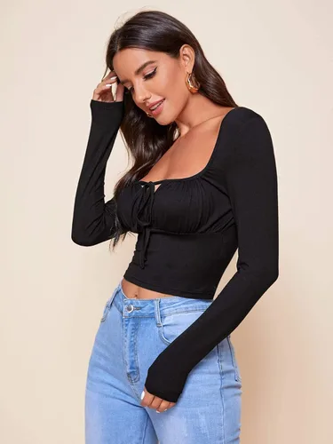 Vista 3 de Floerns Camiseta básica de manga larga con cuello cuadrado y lazo frontal para mujer