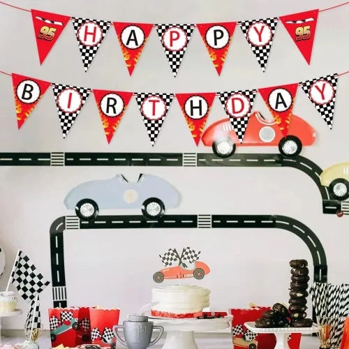 Vista 7 de Cartel de feliz cumpleaños de coche de carreras, cartel de fiesta temática de carreras, decoraciones de bandera a cuadros