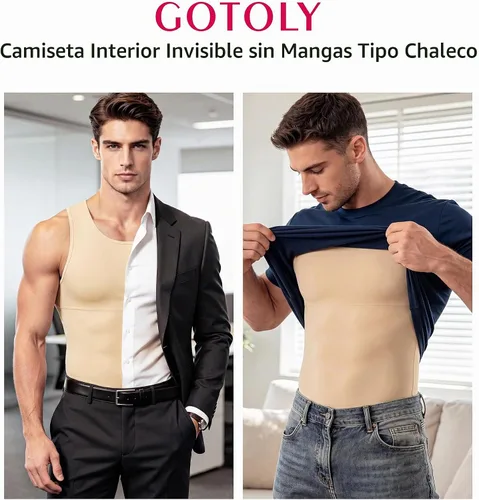 Vista 7 de Gotoly Camiseta de compresión para hombre, chaleco moldeador de cuerpo Beige