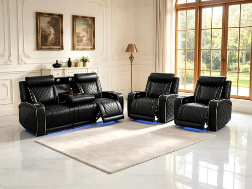 Vista 11 de Juego de sofás reclinables eléctricos, juegos de muebles de sala de estar, sofá reclinable eléctrico moderno negro, sofá biplaza y silla
