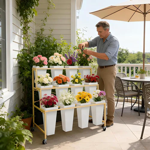 Vista 9 de Soporte de exhibición de flores de 3 niveles, soporte móvil de metal para plantas con 12 cubos, carrito de flores con ruedas, adecuado para G
