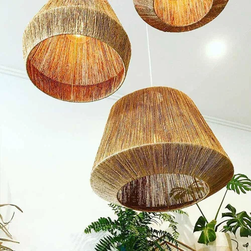 Vista 4 de Lámparas colgantes de viento silencioso hechas a mano, cuerda de cáñamo, luz vintage celing, mimbre país, ratán, iluminación para el hogar