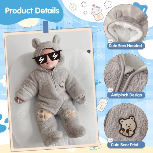 Vista 2 de Fairy Baby Traje de nieve para bebé recién nacido, con oso y mameluco de forro polar grueso, abrigo infantil para niñas y niños de 0 a 12 meses
