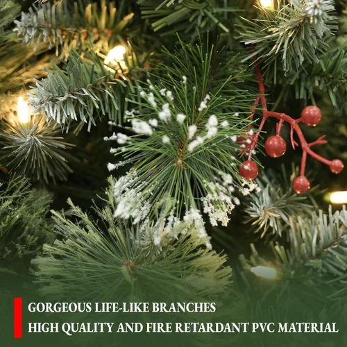 Vista 4 de Árbol de Navidad preiluminado flocado de 7.5 pies con aguja de Pino parcialmente flocado