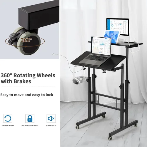 Vista 6 de Hadulcet Escritorio móvil de pie con estación de carga, escritorio ajustable para computadora de pie, carrito ajustable para laptop con ruedas