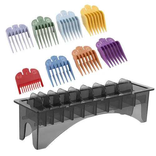 Vista 5 de Caja de almacenamiento rectangular de plástico para peine de guía, 10 rejillas para cortapelos, soporte de guardia, caja maestra con peines
