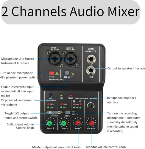 Vista 3 de Mini mezclador de audio, 2 canales USB portátil con tarjeta de sonido en vivo, sistema de consola con alimentación fantasma de 48 V, mezclador DJ