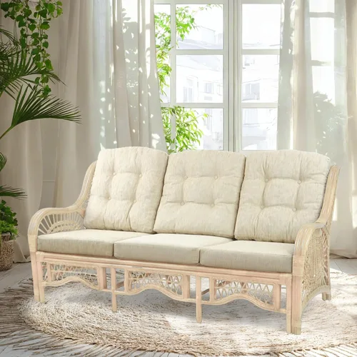 Vista 27 de Malibu Lounge Sofá de tres plazas de mimbre de ratán natural, diseño hecho a mano (cojines marrón claro, colonial)