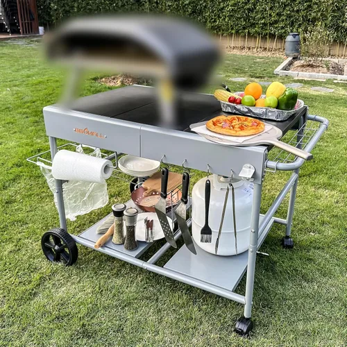 Vista 4 de Mesa de carrito de horno de pizza y estación de cobertura para Ooni Koda/Karu/Fyra 16 y 12, carrito de cocina móvil grueso y ensanchado, soporte