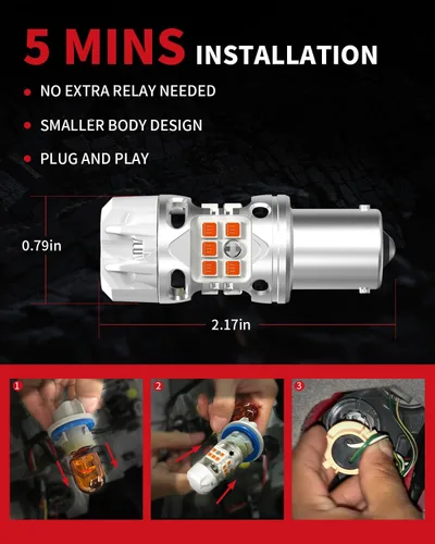 Vista 4 de LASFIT Bombilla LED T3 1156, señal de giro ámbar, resistencia incorporada 7506 CANBUS Ready sin errores, nuevo 500% brillante intermitente 4000LM