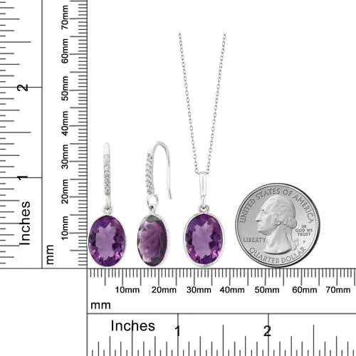 Vista 2 de Gem Stone King Juego de joyas de plata de ley 925 con colgante y aretes de amatista púrpura para mujer