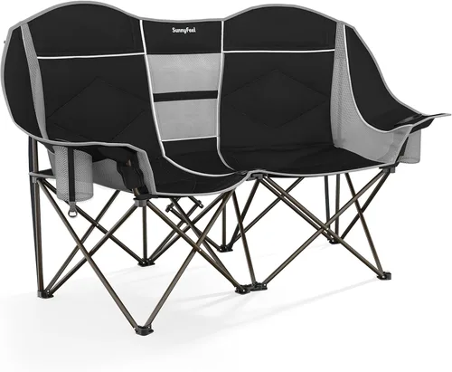 Vista 10 de SUNNYFEEL Silla Plegable Doble de Camping, Silla Loveseat Sobredimensionada, Silla de Césped Portátil/Plegable Resistente con Almacenamiento