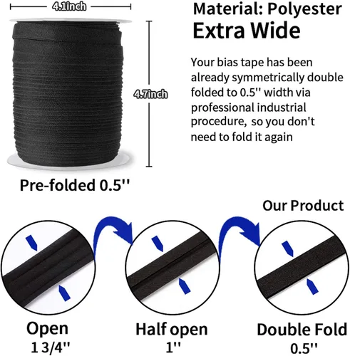 Vista 2 de Cinta al bies de doble pliegue de 1/2 pulgada, cinta al bies de doble pliegue de 55 yardas, carrete continuo a granel para coser ropa, acolchado