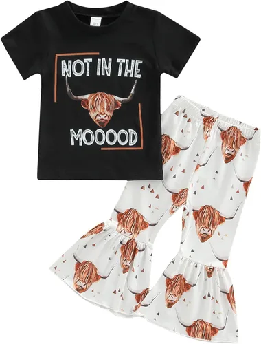 Vista 8 de fhutpw Conjunto de camiseta de manga corta con estampado de vaca y pantalones acampanados de dibujos animados para niñas