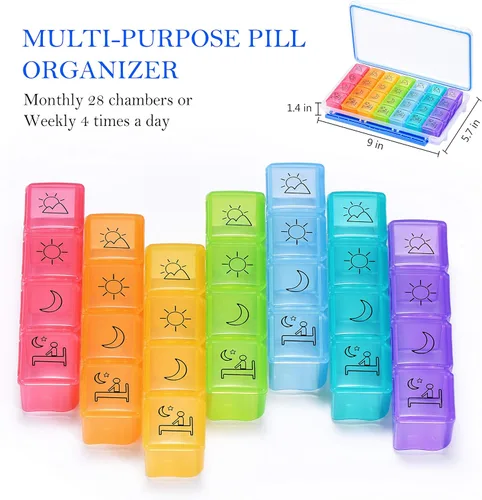 Vista 5 de NuLeaf Organizador de pastillas 4 veces al día, compartimentos grandes, portátil, 7 días, 4 veces al día, organizador de píldoras de viaje