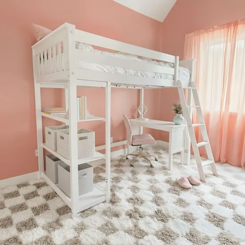 Vista 7 de Max & Lily Cama alta de tamaño matrimonial con estantería, arcilla, madera maciza, marco de cama moderno para niños/adolescentes, pino, acabado