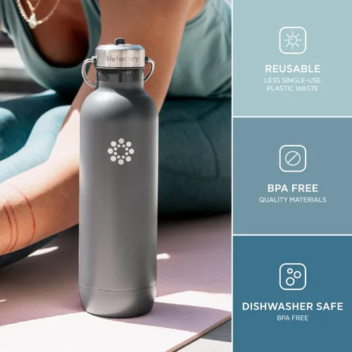 Vista 4 de Lifefactory Botella deportiva aislada al vacío de acero inoxidable con tapa de pajita, 24 onzas, carbono