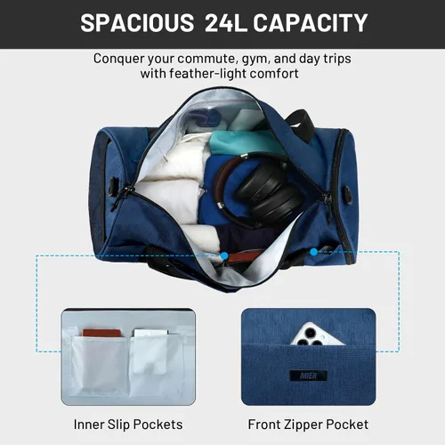 Vista 5 de MIER Bolsa de deporte redonda con compartimento para zapatos y bolsillo húmedo, bolsa de mano ligera para hombres y mujeres, entrenamiento, fitness