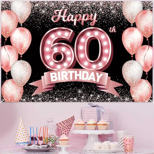 Vista 151 de Cartel de feliz cumpleaños décimo oro rosa, telón de fondo, saludos a 10 años, globos de confeti, decoración temática para niñas de 10 años